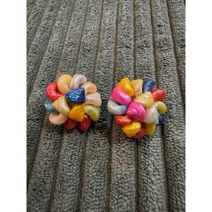 Vintage Italy Colorful Shell Button Clip On Earrings Retro Funky Statement‎